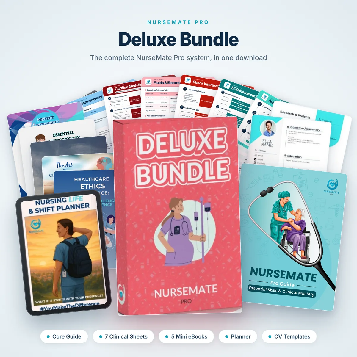 NurseMate Pro Deluxe Bundle — core guide, 7 clinical cheat sheets, 5 mini guides, planner and resume templates