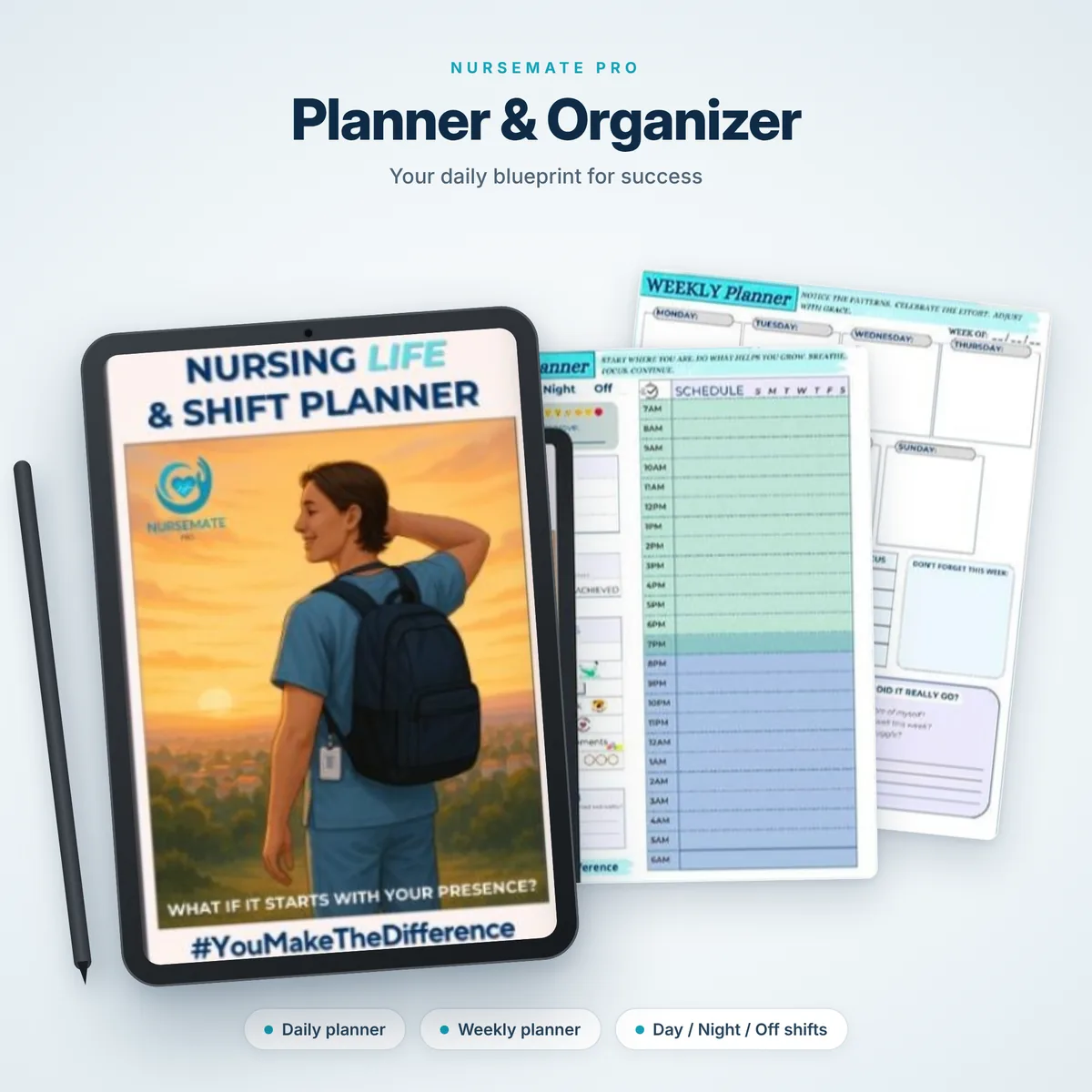 Nursing life and shift planner — daily, weekly and shift pages